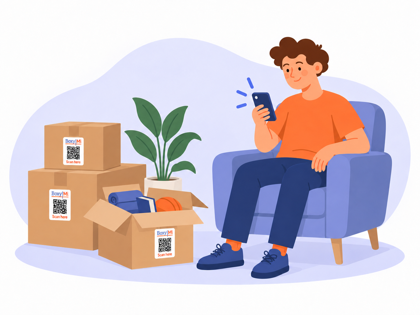 Una persona encuentra cajas etiquetadas con Boxymi desde su teléfono