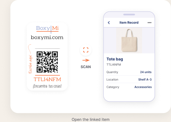 A Boxymi QR label being scanned to open an inventory item record