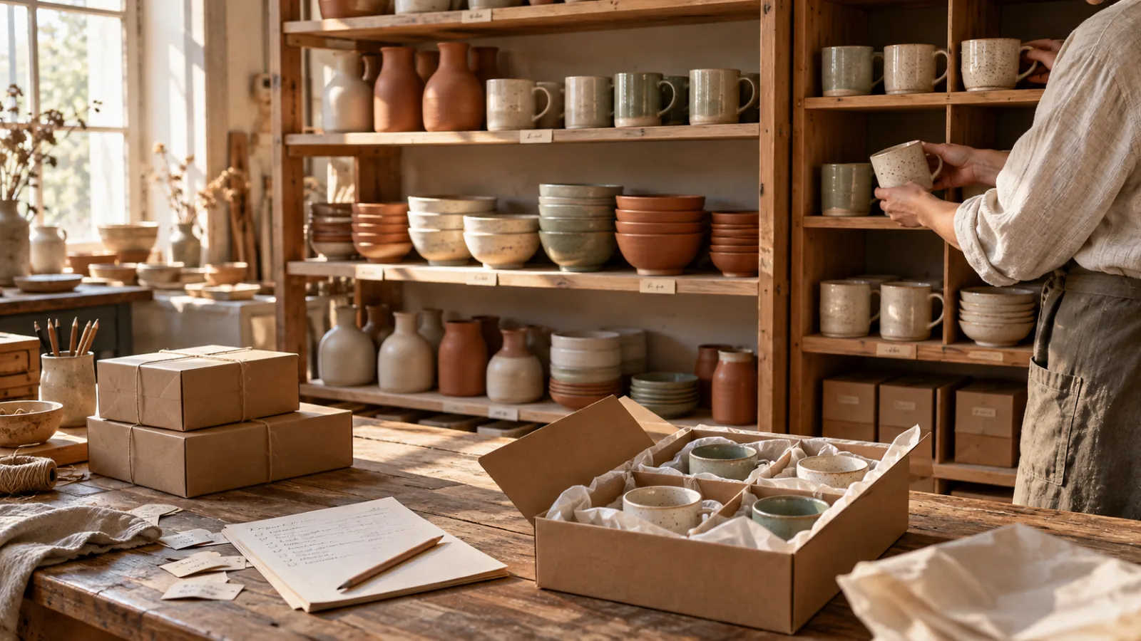 A person arranging ceramic mugs on shop shelves beside packed orders and a stock notebook.